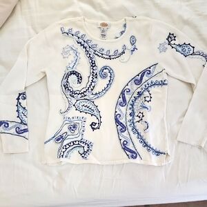 Talbots Vintage White and Blue Paisley Sweater .Size Med